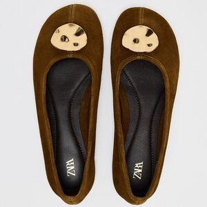 Zara chocolate brown suede leather embellished ballet NWT